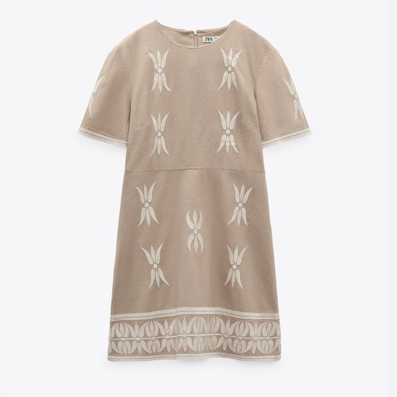 Zara Women’s Beige Embroidered Linen Blend Mini Dress - Picture 2 of 10